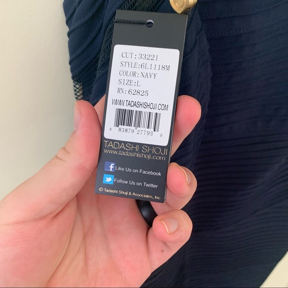 NWT Tadashi Shoji One Shoulder Mesh Illusion Cutout Navy Blue Dress in Large - Picture 10 of 16